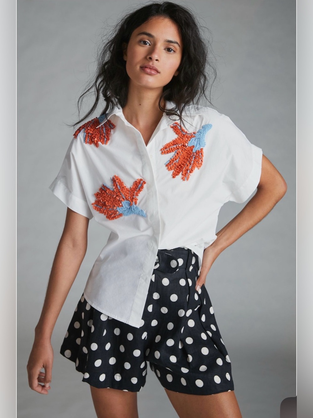 ANTHROPOLOGIE Floral Beaded Buttondown Sz XSP gently used